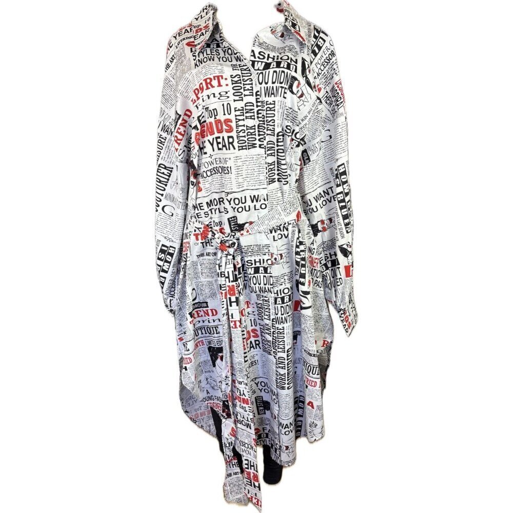 FTF +4X Fashion Newspaper Print Button Collar Belt Long Sleeve Hi-Low Midi Dress - Picture 2 of 6
